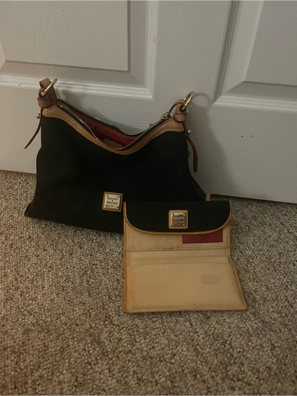 Dooney & Bourke Black Shoulder Bag with Tan Trim and Matching Wallet